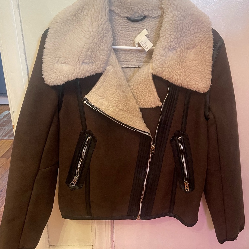 H&M Brown and Cream Teddy Jacket with Oversized Collar